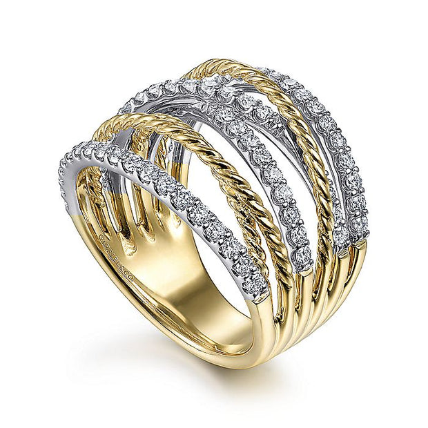 Gabriel & Co. LR51623M45JJ 14K White-Yellow Gold Twisted Rope and Diamond Multi Row Ring