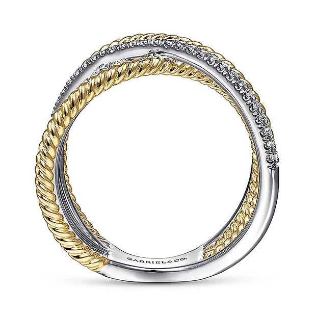 Gabriel & Co. LR51630M45JJ 14K White-Yellow Gold Twisted Rope and Diamond Criss Cross Ring