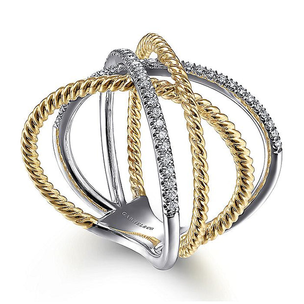 Gabriel & Co. LR51630M45JJ 14K White-Yellow Gold Twisted Rope and Diamond Criss Cross Ring