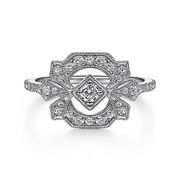 Gabriel & Co. LR51663W45JJ 14K White Gold Art Deco Floral Diamond Ring