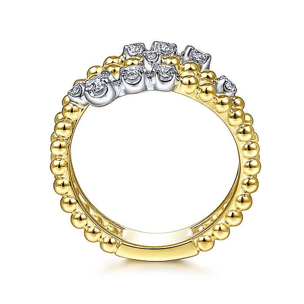 Gabriel & Co. LR51746M45JJ 14K White-Yellow Gold Bujukan Ball and Diamond Open Bypass Wrap Ring with Butter Cup Setting in size 14.9mm width