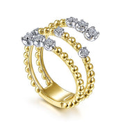 Gabriel & Co. LR51746M45JJ 14K White-Yellow Gold Bujukan Ball and Diamond Open Bypass Wrap Ring with Butter Cup Setting in size 14.9mm width