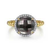 Gabriel & Co. LR51772Y45XB 14K Yellow Gold Round Rock Crystal/Black Pearl and Diamond Halo Ring