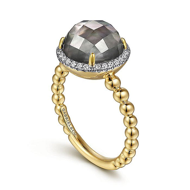 Gabriel & Co. LR51772Y45XB 14K Yellow Gold Round Rock Crystal/Black Pearl and Diamond Halo Ring