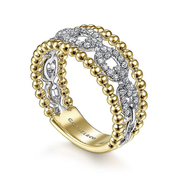 Gabriel & Co. LR51783M45JJ 14K White-Yellow Gold Pavé Diamond Link and Bujukan Bead Ring
