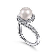 Gabriel & Co. LR51808W45PL 14K White Gold Pearl Ring with Curved Diamond Wrap Halo
