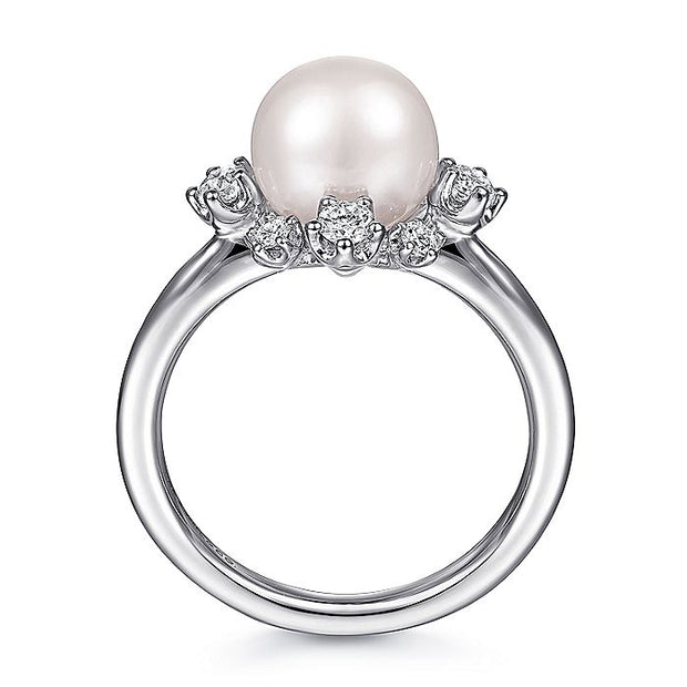 Gabriel & Co. LR51811W45PL 14K White Gold Pearl Ring with Bursting Diamond Halo