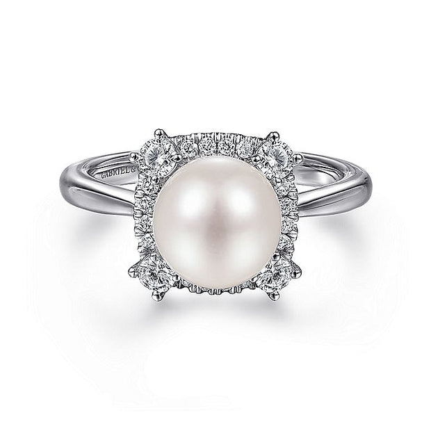 Gabriel & Co. LR51814W45PL 14K White Gold Pearl Ring with Diamond Halo
