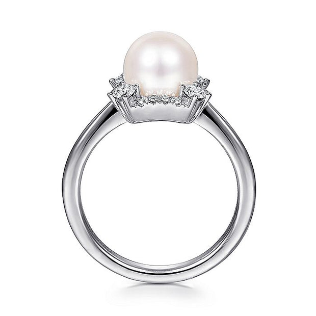 Gabriel & Co. LR51814W45PL 14K White Gold Pearl Ring with Diamond Halo
