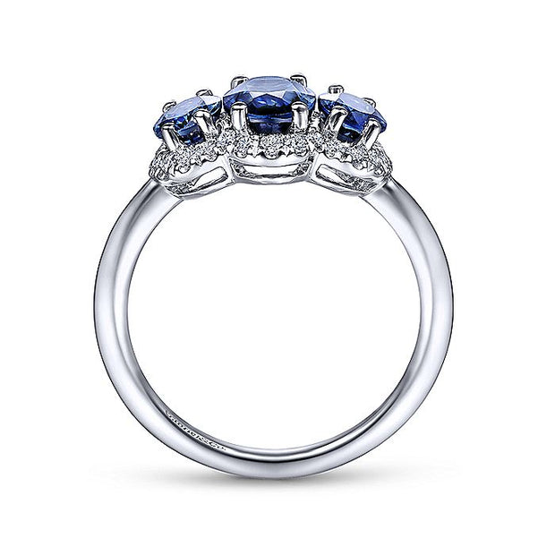 Gabriel & Co. LR52023W45SA 14K White Gold Diamond and Sapphire Oval Halo Three Stone Ring