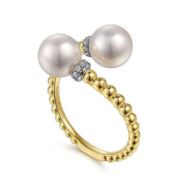 Gabriel & Co. LR52200M45PL 14K White-Yellow Gold Diamond and Pearl Bujukan Bypass Ring