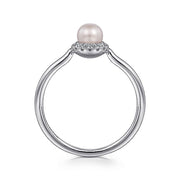 Gabriel & Co. LR52419W45PL 14K White Gold Pearl Ring with Diamond Halo