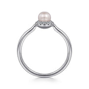 Gabriel & Co. LR52419W45PL 14K White Gold Pearl Ring with Diamond Halo