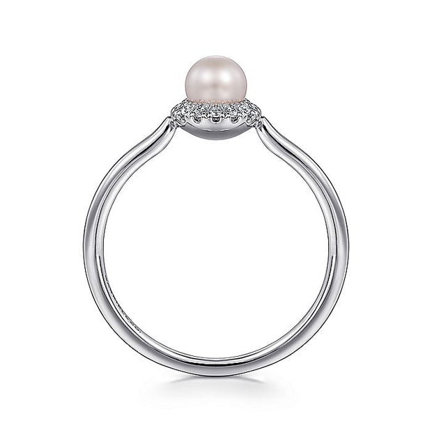 Gabriel & Co. LR52419W45PL 14K White Gold Pearl Ring with Diamond Halo