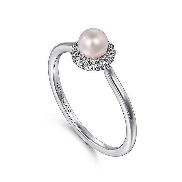 Gabriel & Co. LR52419W45PL 14K White Gold Pearl Ring with Diamond Halo