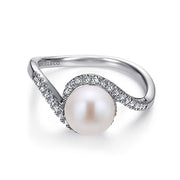 Gabriel & Co. LR6082W45PL 14k White Gold Cultured Pearl Diamond Bypass Ring