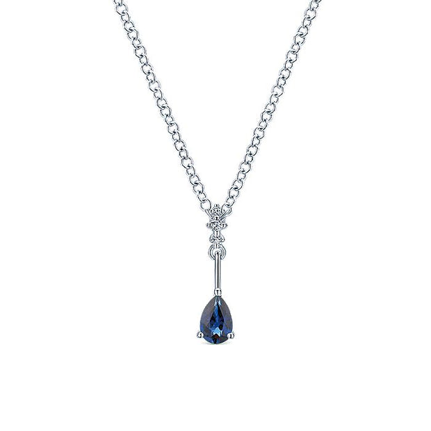 Gabriel & Co. NK1824W45SB 14K White Gold Pear Shaped Sapphire and Diamond Drop Pendant Necklace