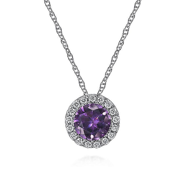 Gabriel & Co. NK2824W45AM 14K White Gold Amethyst and Diamond Halo Pendant Necklace