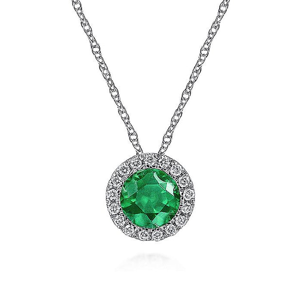 Gabriel & Co. NK2824W45EA 14K White Gold Emerald and Diamond Halo Pendant Necklace
