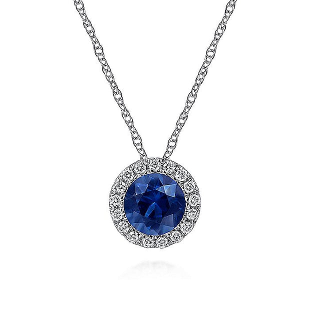 Gabriel & Co. NK2824W45SA 14K White Gold Sapphire and Diamond Halo Pendant Necklace