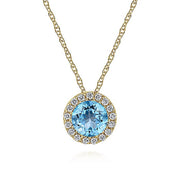 Gabriel & Co. NK2824Y45BT 14K Yellow Gold Round Swiss Blue Topaz and Diamond Halo Pendant Necklace