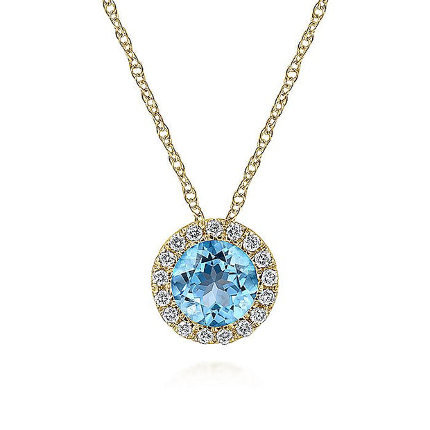 Gabriel & Co. NK2824Y45BT 14K Yellow Gold Round Swiss Blue Topaz and Diamond Halo Pendant Necklace