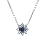 Gabriel & Co. NK3952W45SA 18 inch 14K White Gold Sapphire and Diamond Halo Floral Pendant Necklace