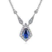 Gabriel & Co. NK5292W45SA Vintage Inspired 14K White Gold Teardrop Sapphire and Diamond Halo Pendant Necklace