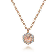 Gabriel & Co. NK5446K45MO 14K Rose Gold Hexagonal Halo Morganite and Diamond Pendant Necklace