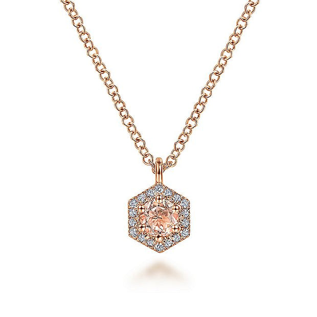 Gabriel & Co. NK5446K45MO 14K Rose Gold Hexagonal Halo Morganite and Diamond Pendant Necklace