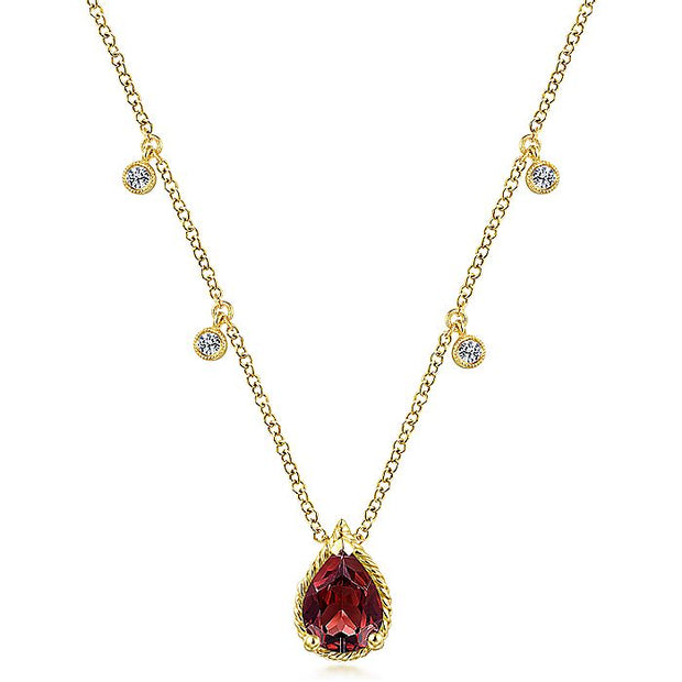 Gabriel & Co. NK5939Y45GN 14K Yellow Gold Pear Shape Garnet Pendant Necklace with Diamond Side Drops