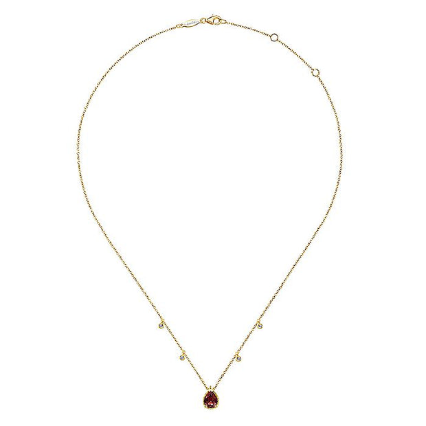 Gabriel & Co. NK5939Y45GN 14K Yellow Gold Pear Shape Garnet Pendant Necklace with Diamond Side Drops
