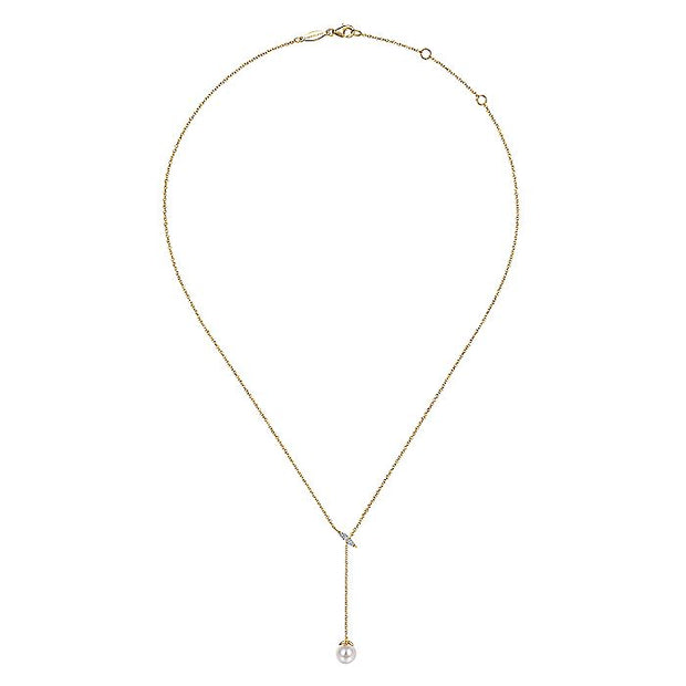 Gabriel & Co. NK5963Y45PL 14K Yellow Gold Diamond Bar Y Necklace with Cultured Pearl Drop
