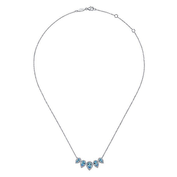 Gabriel & Co. NK6079W45BT Graduating 14K White Gold Pear Shaped Blue Topaz and Diamond Halo Necklace