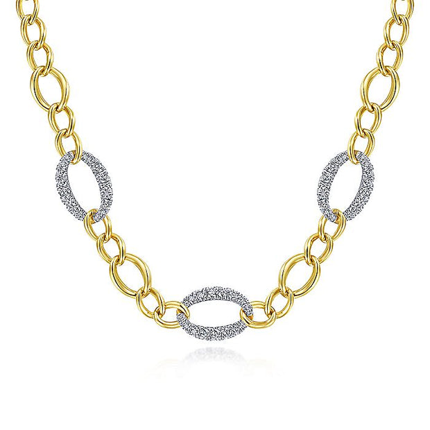 Gabriel & Co. NK6090M45JJ 14K Yellow-White Gold Oval Chain Link Necklace with Diamond Pavé