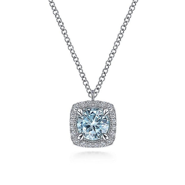 Gabriel & Co. NK6144W45AQ 14K White Gold Round Aquamarine and Cushion Diamond Halo Pendant Necklace