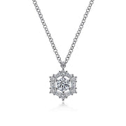 Gabriel & Co. NK6213W44JJ 14K White Gold Round Diamond Pendant Necklace with Baguette and Round Hexagonal Halo