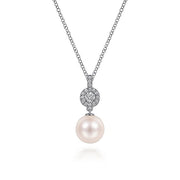 Gabriel & Co. NK6335W45PL 14K White Gold Diamond Pavé Halo and Pearl Drop Pendant Necklace