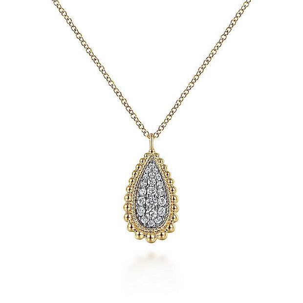 Gabriel & Co. NK6357Y45JJ 14K Yellow Gold Teardrop Diamond Pavé Pendant Necklace with Beaded Frame