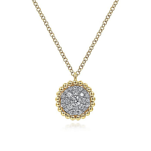 Gabriel & Co. NK6366Y45JJ 14K Yellow Gold Round Diamond Pavé Pendant Necklace with Bujukan Bead Frame