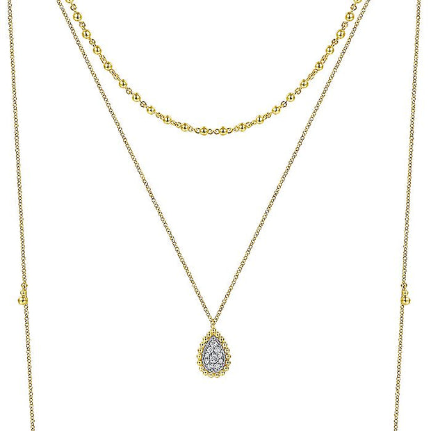 Gabriel & Co. NK6369M45JJ 14K Yellow Gold 3 Strand Teardrop Diamond Pavé Necklace with Drops