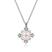 Gabriel & Co. NK6440W45PL 14K White Gold Round Pearl Pendant Necklace with Diamond Accents