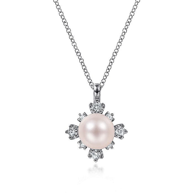 Gabriel & Co. NK6440W45PL 14K White Gold Round Pearl Pendant Necklace with Diamond Accents