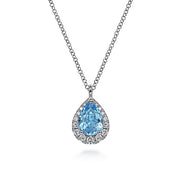 Gabriel & Co. NK6629W45BT 14K White Gold Pear Shape Blue Topaz and Diamond Halo Pendant Necklace