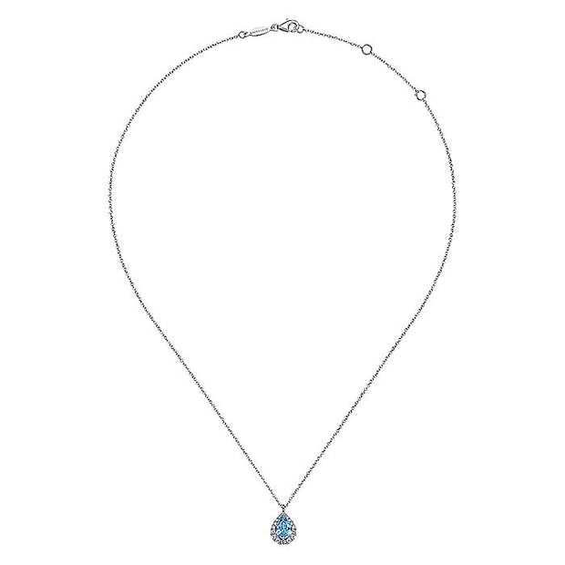 Gabriel & Co. NK6629W45BT 14K White Gold Pear Shape Blue Topaz and Diamond Halo Pendant Necklace