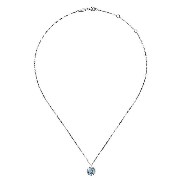 Gabriel & Co. NK6631W45BT 14K White Gold Round Blue Topaz and Diamond Halo Pendant Necklace