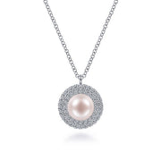 Gabriel & Co. NK6633W45PL 14K White Gold Round Pearl and Diamond Halo Pendant Necklace