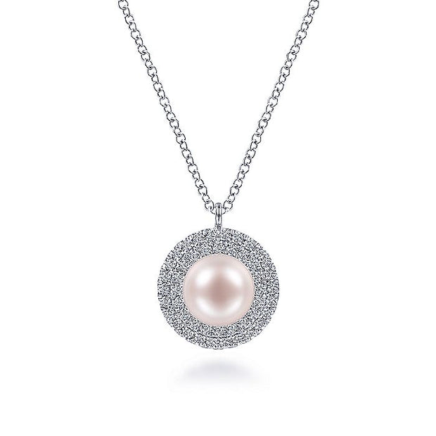 Gabriel & Co. NK6633W45PL 14K White Gold Round Pearl and Diamond Halo Pendant Necklace