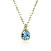 Gabriel & Co. NK6634Y45BT 14K Yellow Gold Pear Shape Blue Topaz Pendant Necklace with Bezel Set Diamond