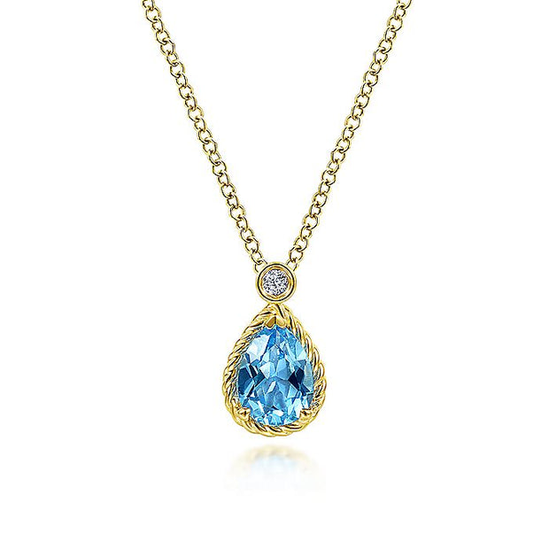 Gabriel & Co. NK6634Y45BT 14K Yellow Gold Pear Shape Blue Topaz Pendant Necklace with Bezel Set Diamond